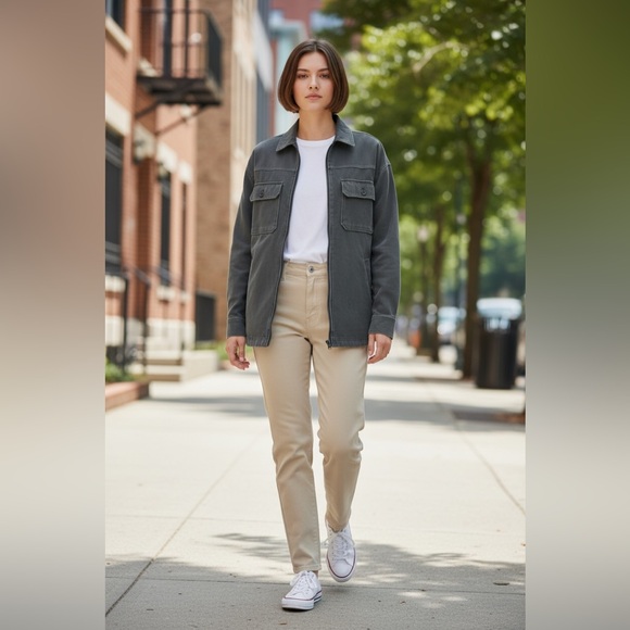 Oversized Full Zip Cargo Pockets Grey Twill Shacket - Picture 3 of 5